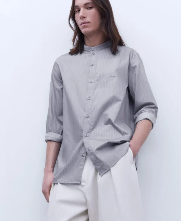 Adolfo Dominguez Chemises*Chemise A Col Mao En Coton Gris/Blanc