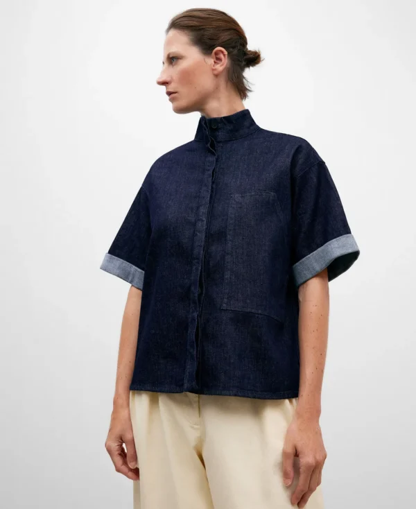 Adolfo Dominguez Chemises Et Tops*Chemise En Jean A Col Mao Bleu Fonce