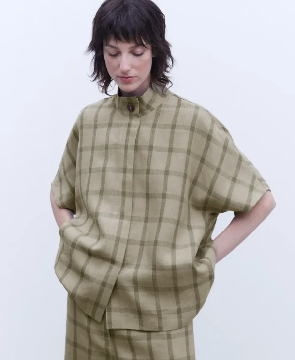 Adolfo Dominguez Chemises Et Tops*Chemisier Oversize En Lin Vert A Carreaux