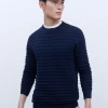 Adolfo Dominguez Mailles*Pull A Encolure Ronde Et Texture Rayee Bleu Marine