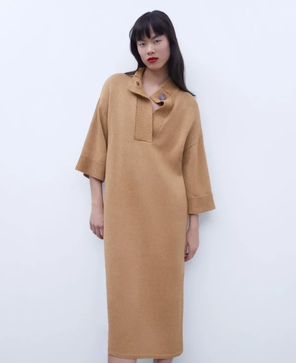 Adolfo Dominguez Robes & Combinaisons*Robe Midi A Col Cheminee Camel