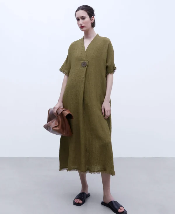 Adolfo Dominguez Robes & Combinaisons*Robe Oversize A Maxi Boutons En Lin Vert