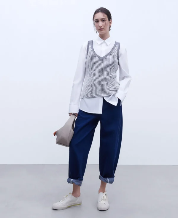 Adolfo Dominguez Chemises Et Tops*Top En Maille Vanisee A Double Encolure En V Sable/Bleu Marine